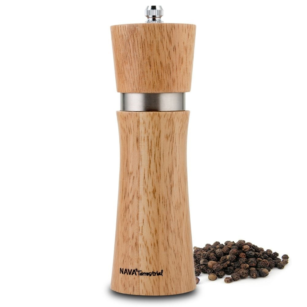 Wooden mortar in bamboo with ceramic grinders for pepper and salt