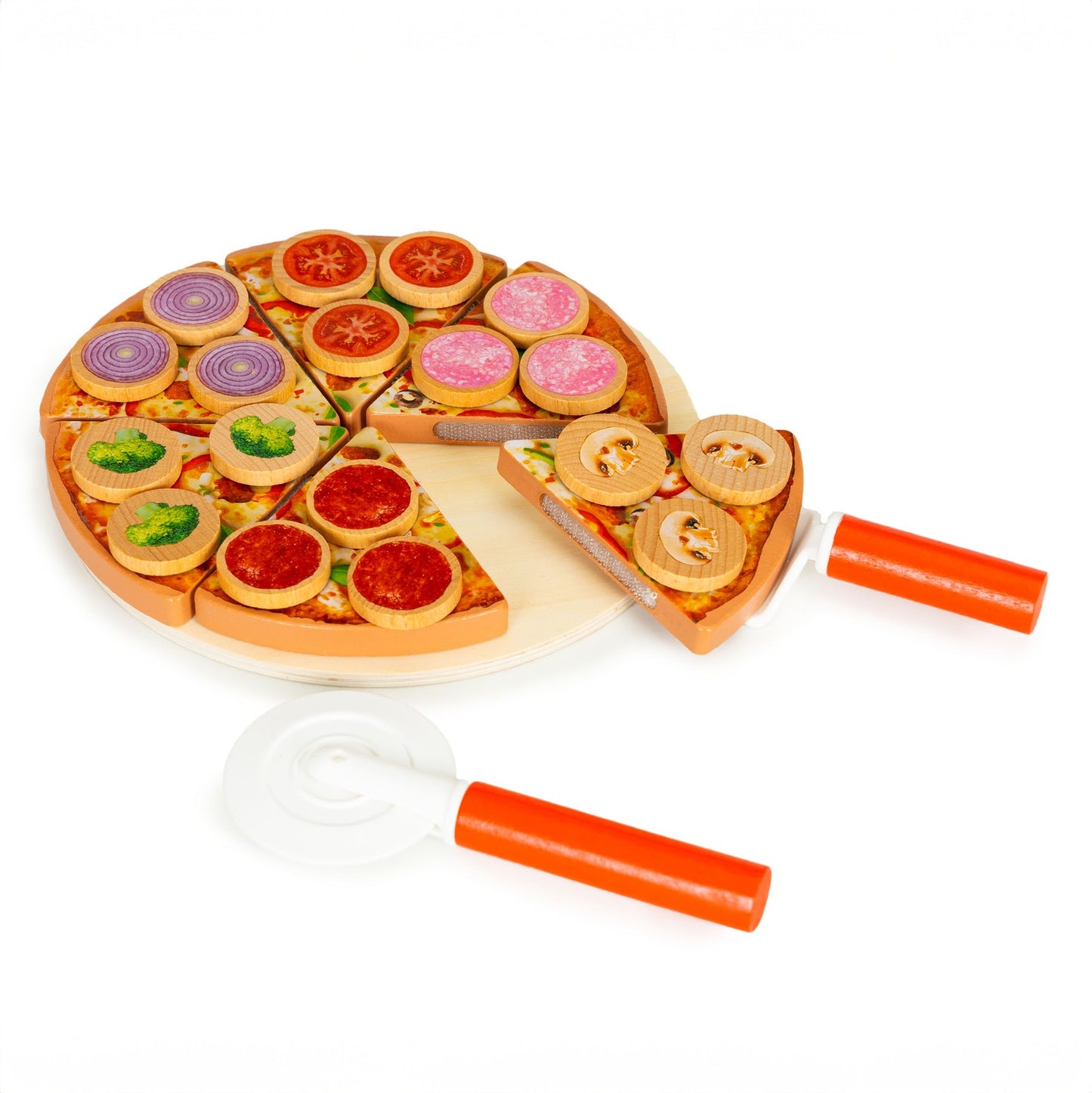 Wooden pizza for cutting with Velcro for children, 27 elements