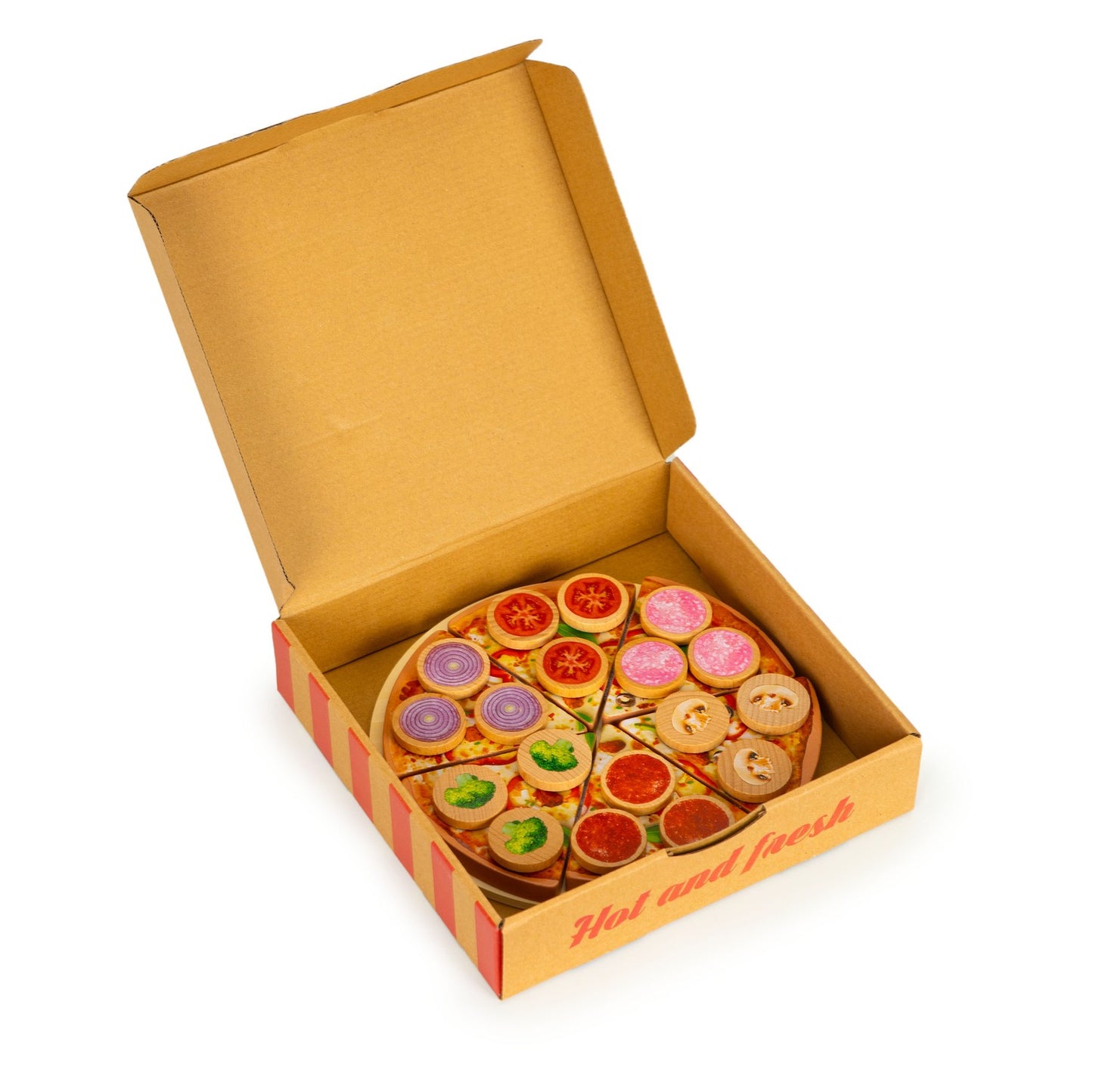 Wooden pizza for cutting with Velcro for children, 27 elements