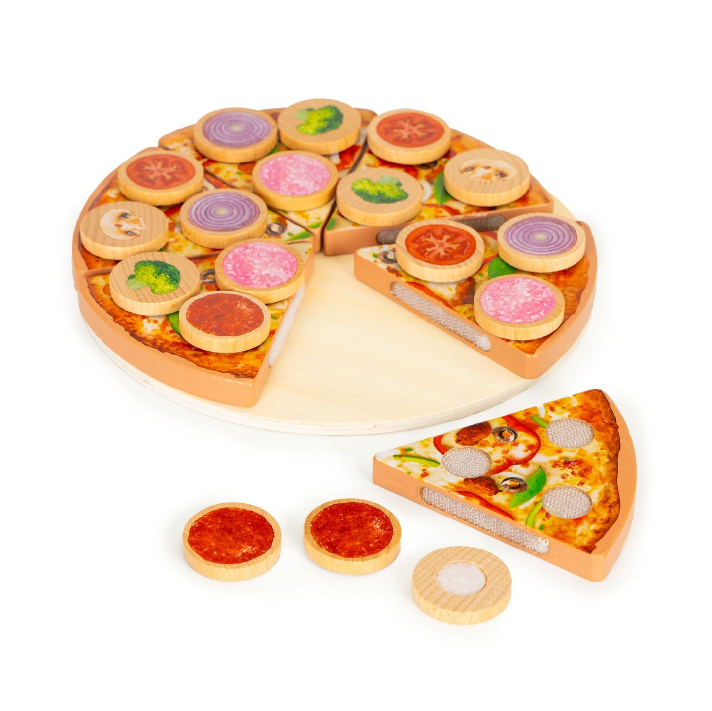 Wooden pizza for cutting with Velcro for children, 27 elements