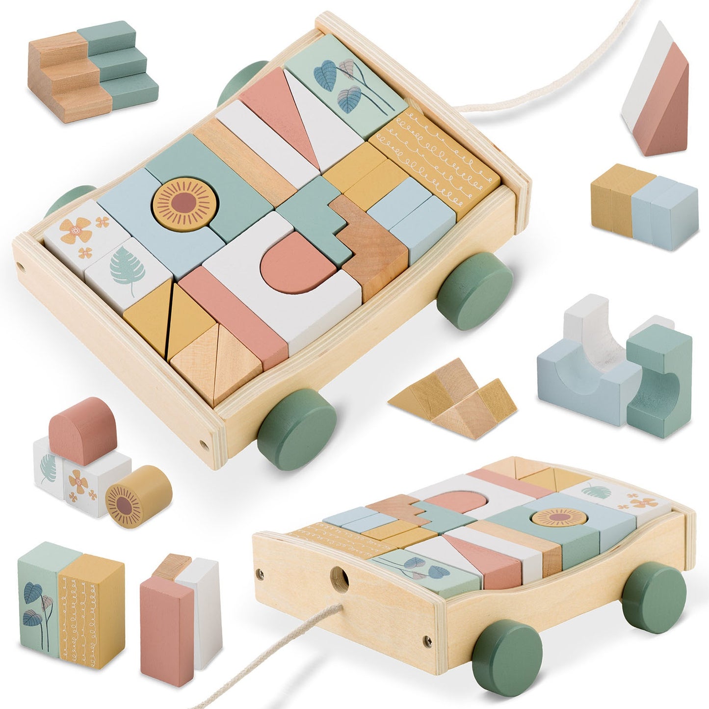 Wooden pull toy with NK-853 Nukido blocks