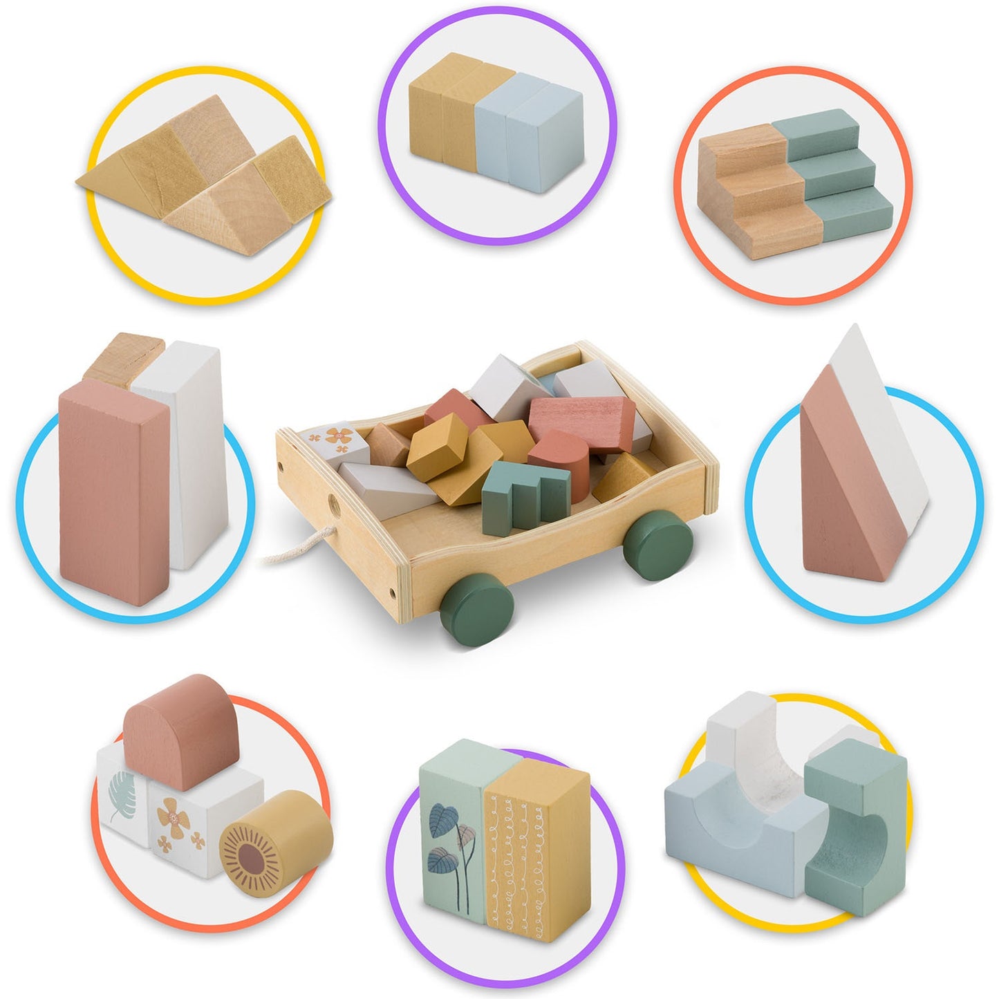 Wooden pull toy with NK-853 Nukido blocks