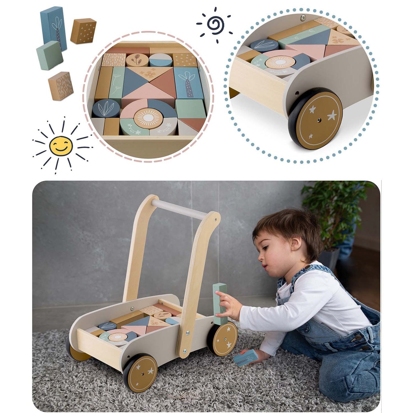 Wooden push walker with NK-856 Nukido blocks