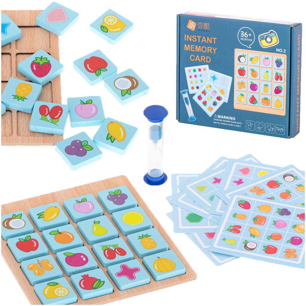 Wooden puzzle board game memory fruit and shapes