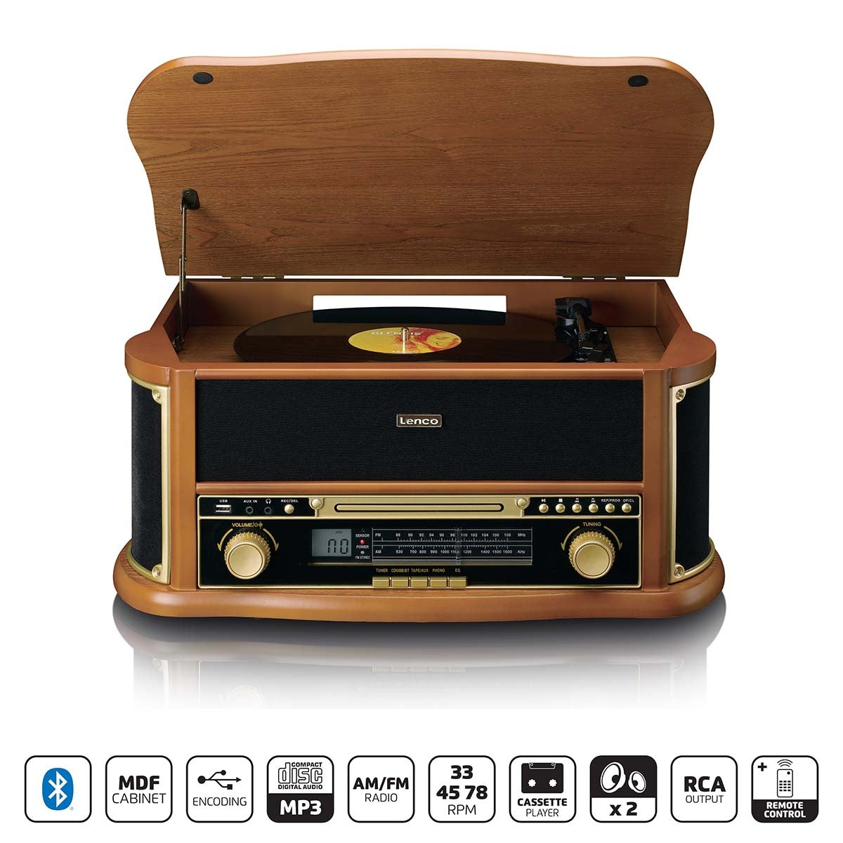 Wooden retro Record Player with Bluetooth® AM/FM radio USB encoding CD player cassette player and built-in speakers