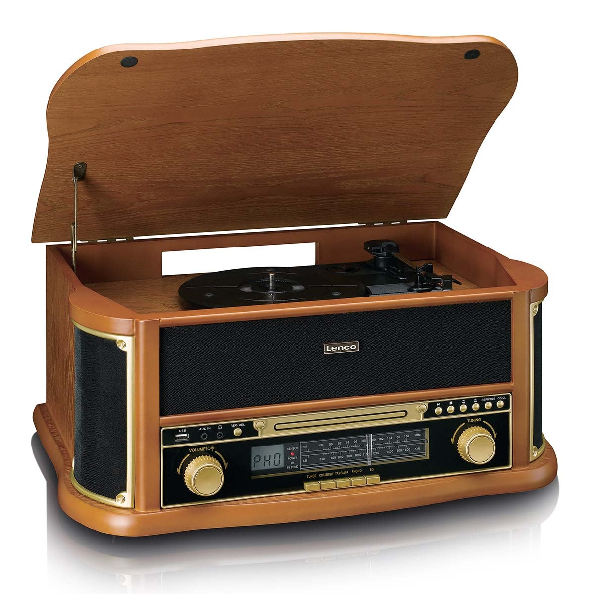 Wooden retro Record Player with Bluetooth® AM/FM radio USB encoding CD player cassette player and built-in speakers