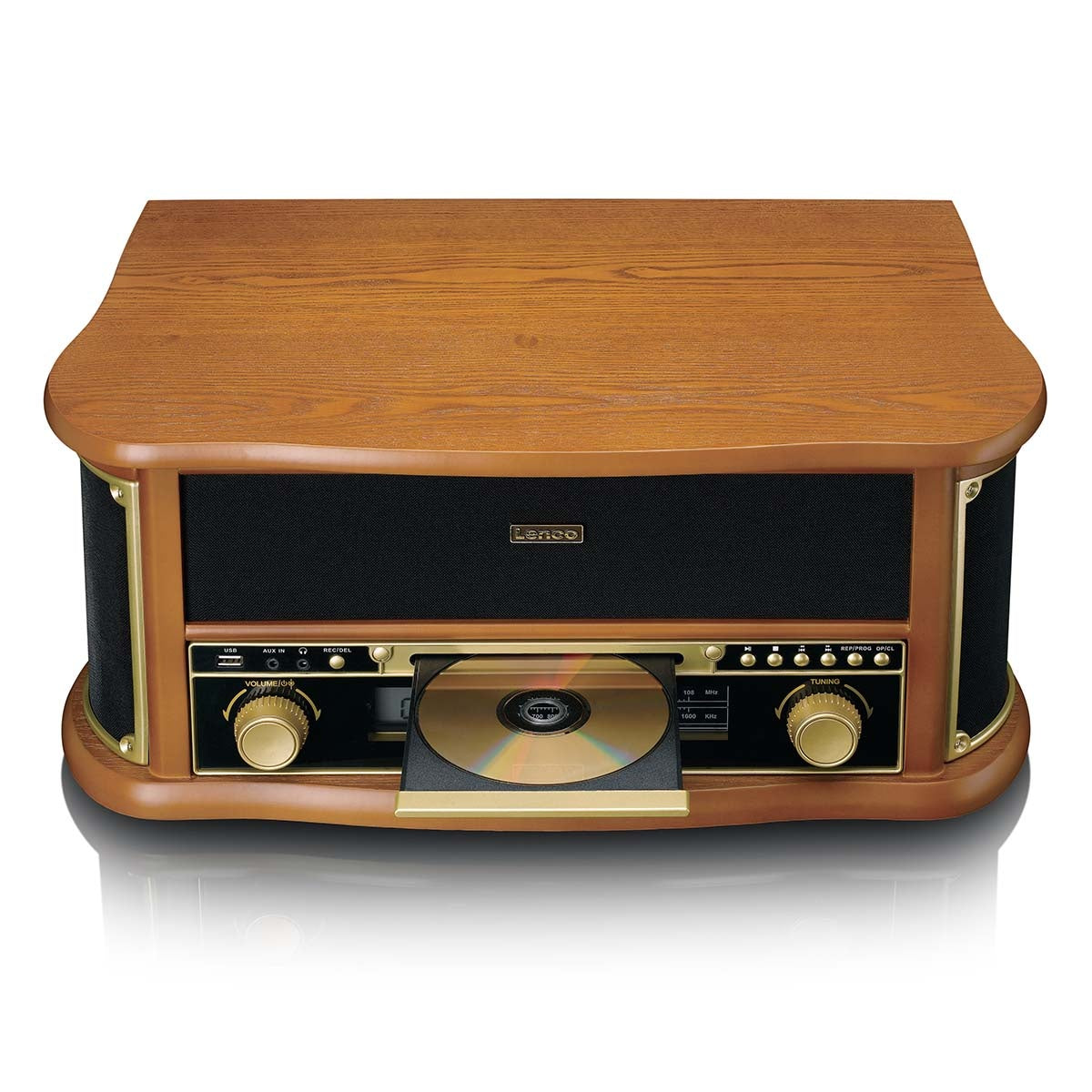 Wooden retro Record Player with Bluetooth® AM/FM radio USB encoding CD player cassette player and built-in speakers
