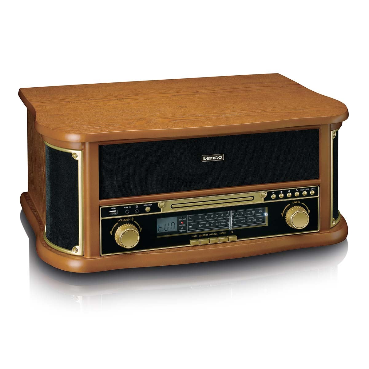 Wooden retro Record Player with Bluetooth® AM/FM radio USB encoding CD player cassette player and built-in speakers