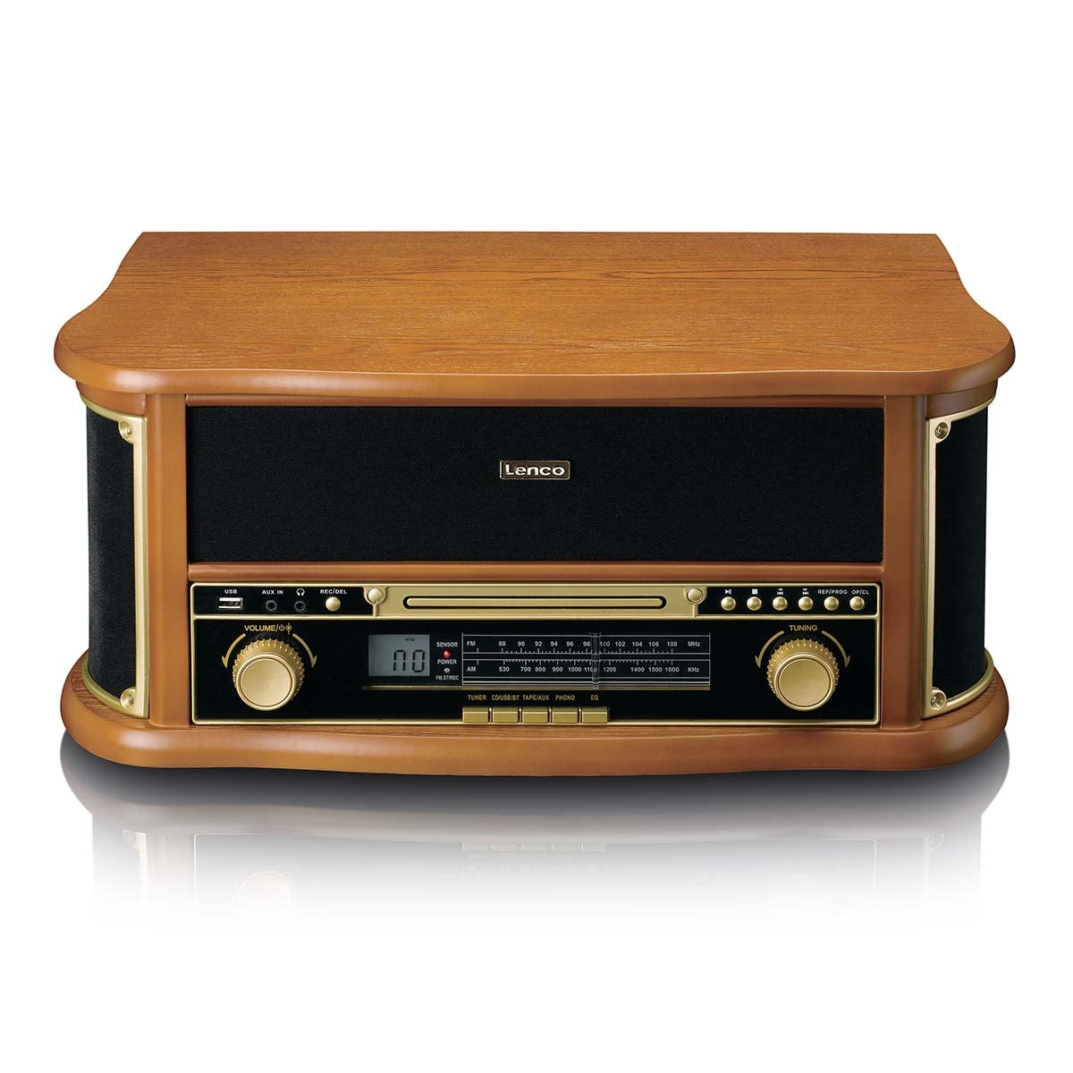Wooden retro Record Player with Bluetooth® AM/FM radio USB encoding CD player cassette player and built-in speakers