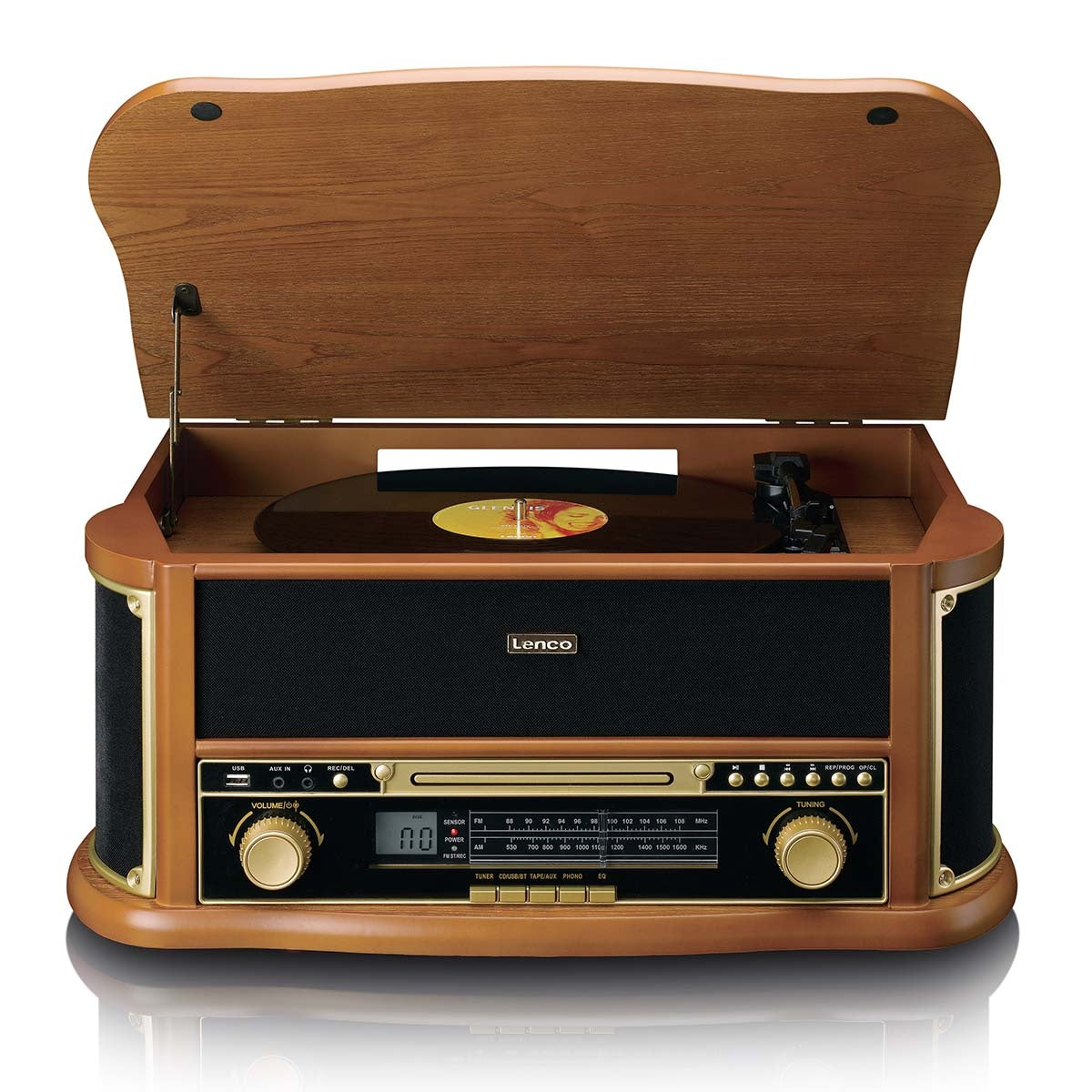 Wooden retro Record Player with Bluetooth® AM/FM radio USB encoding CD player cassette player and built-in speakers