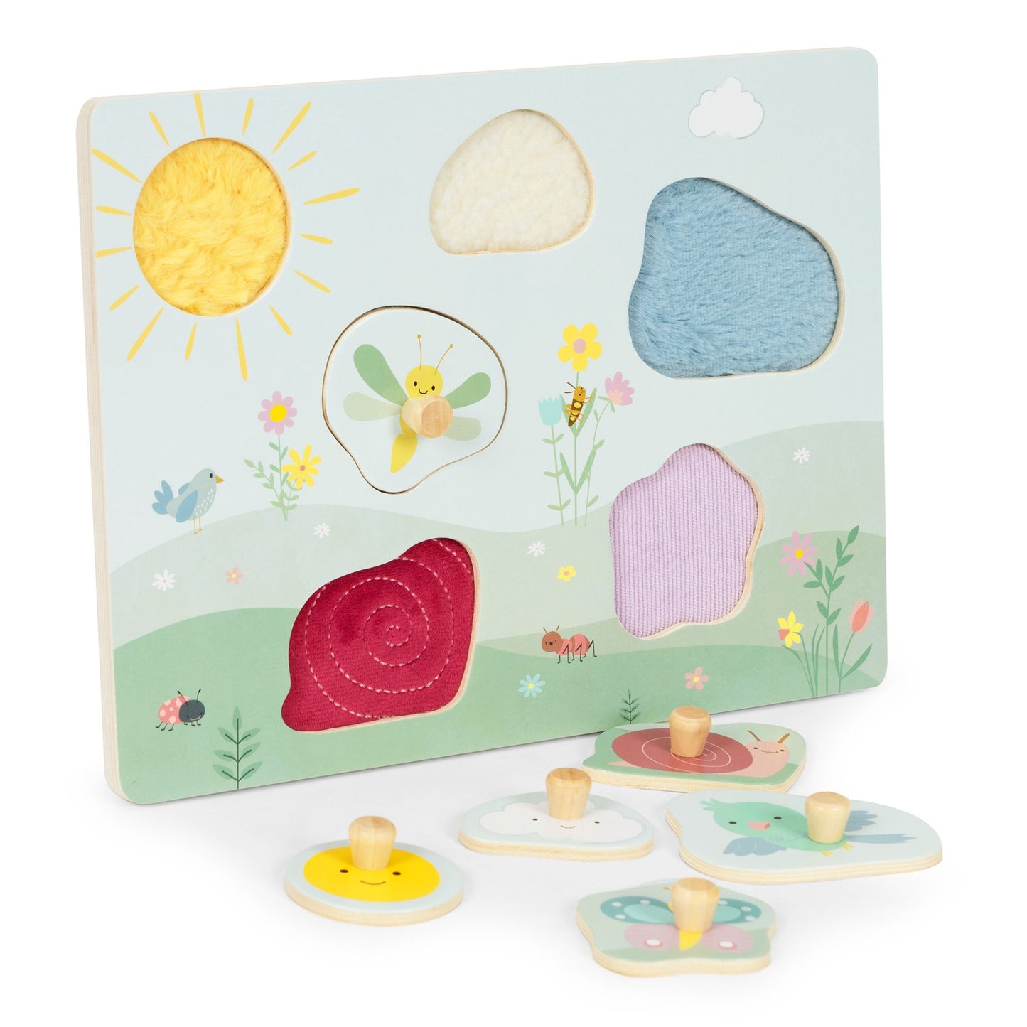 Wooden sensory board with different types of material