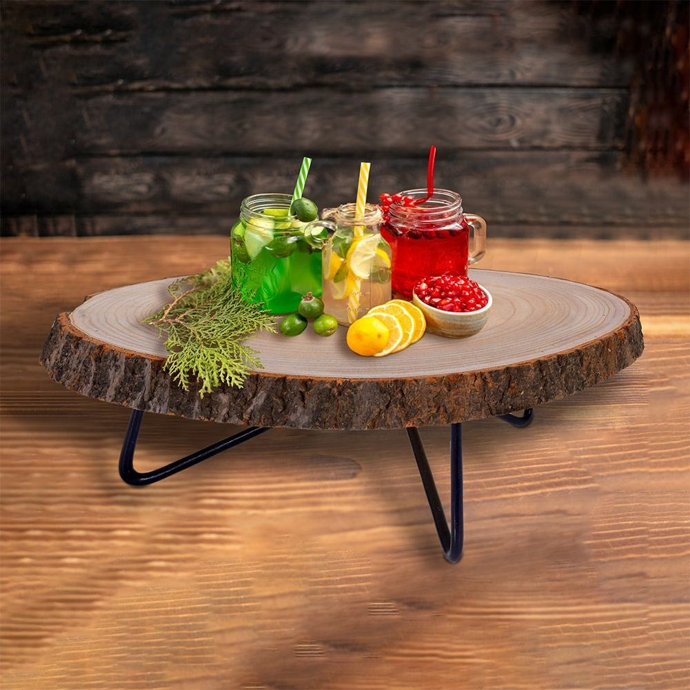 Wooden serving board with metal legs for elegant dishes