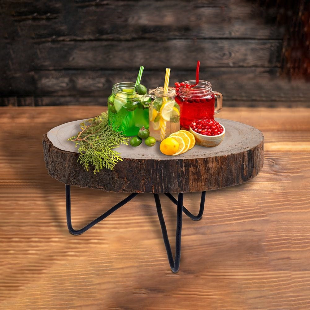 Wooden serving tray with metal legs for meals and snacks