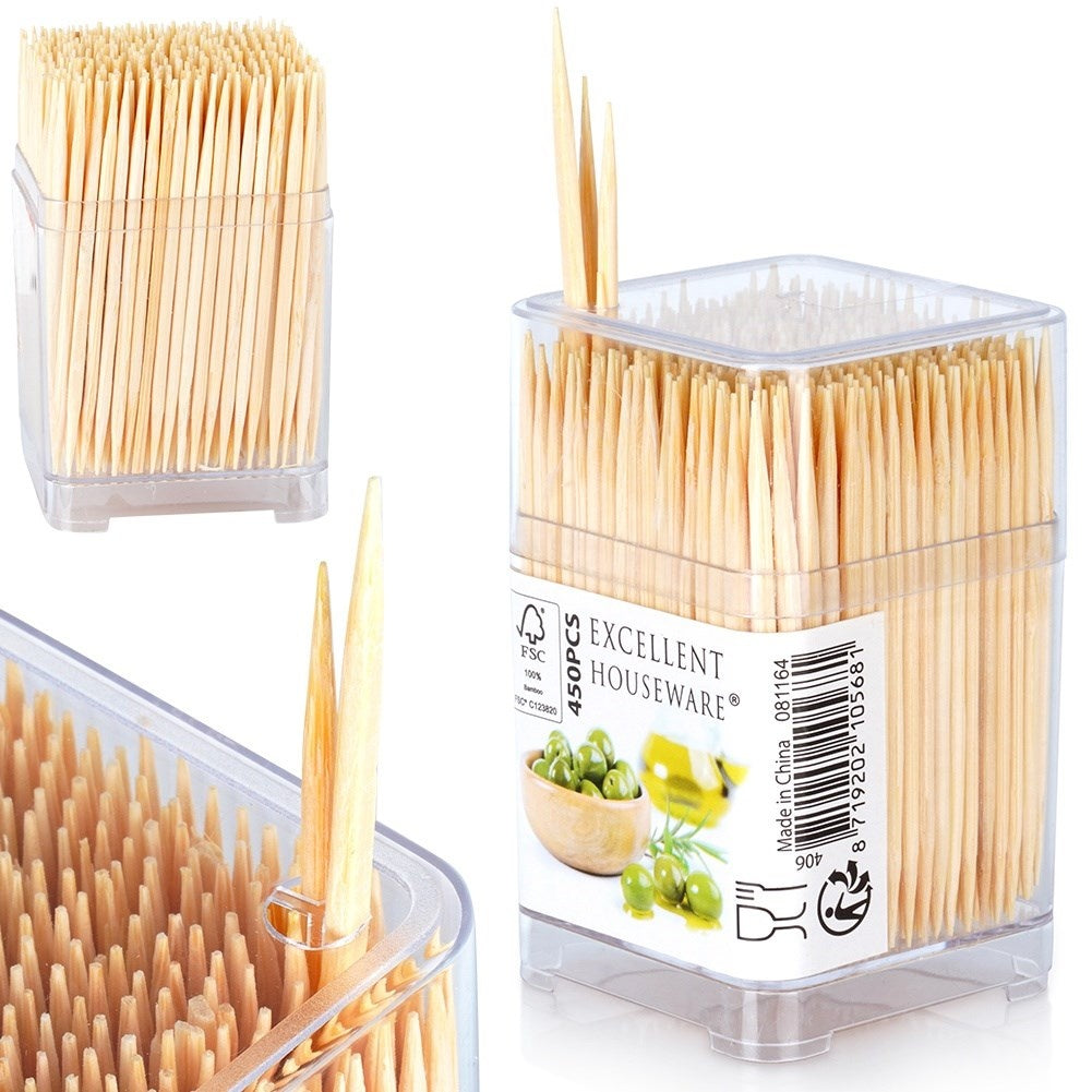 Wooden toothpicks in practical packaging for snacks and meals