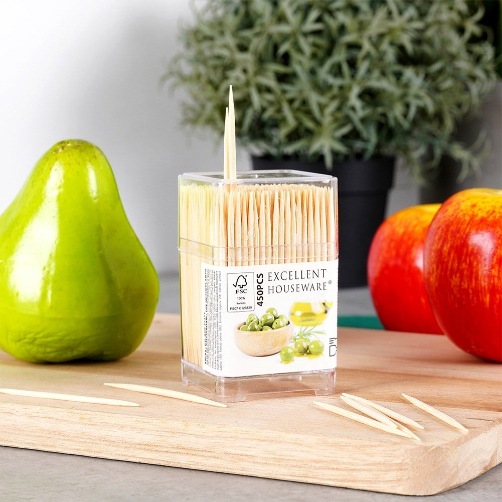 Wooden toothpicks in practical packaging for snacks and meals