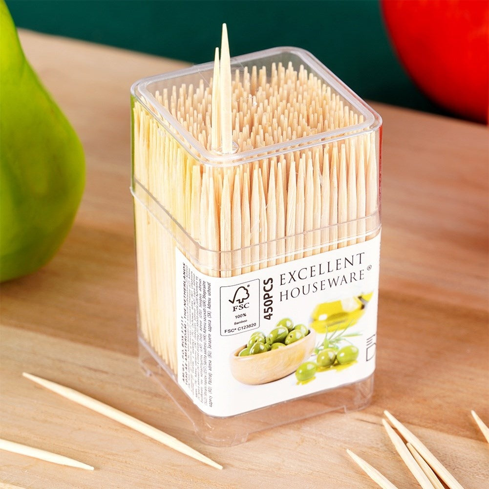 Wooden toothpicks in practical packaging for snacks and meals