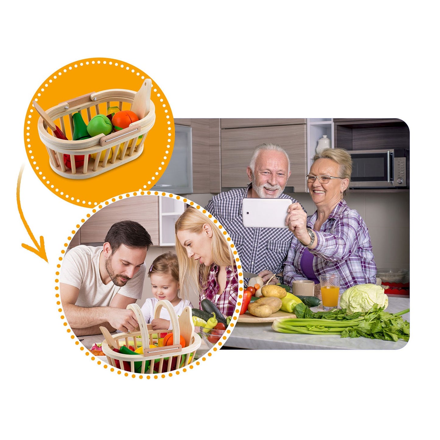 Wooden toy basket with fruit for cutting, 9 pcs RK-870 Ricokids