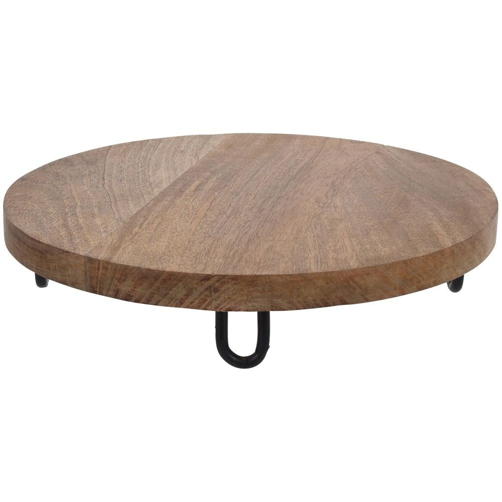 Wooden tray with metal legs for serving food and snacks