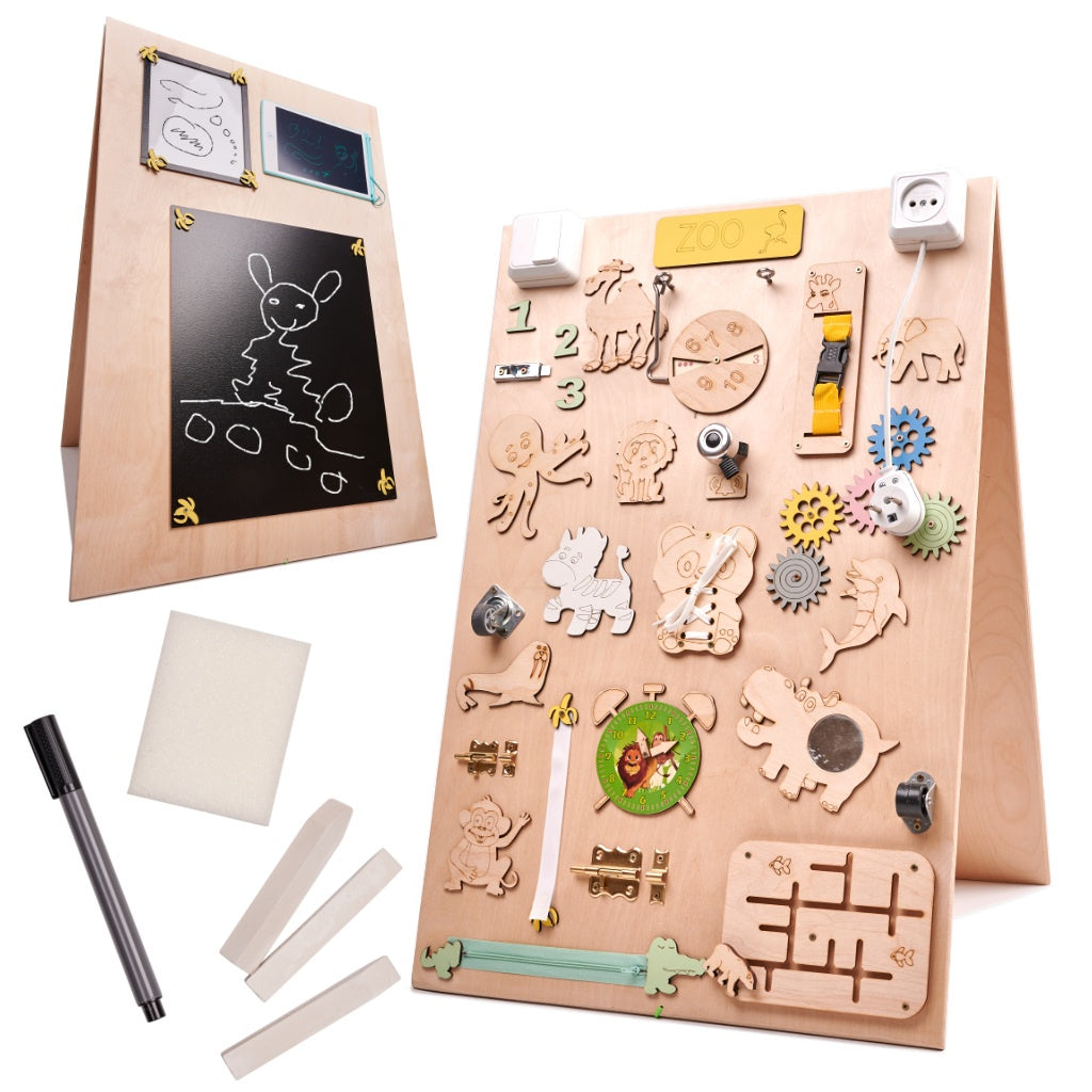 Wooden two-sided chalkboard ZOO animals