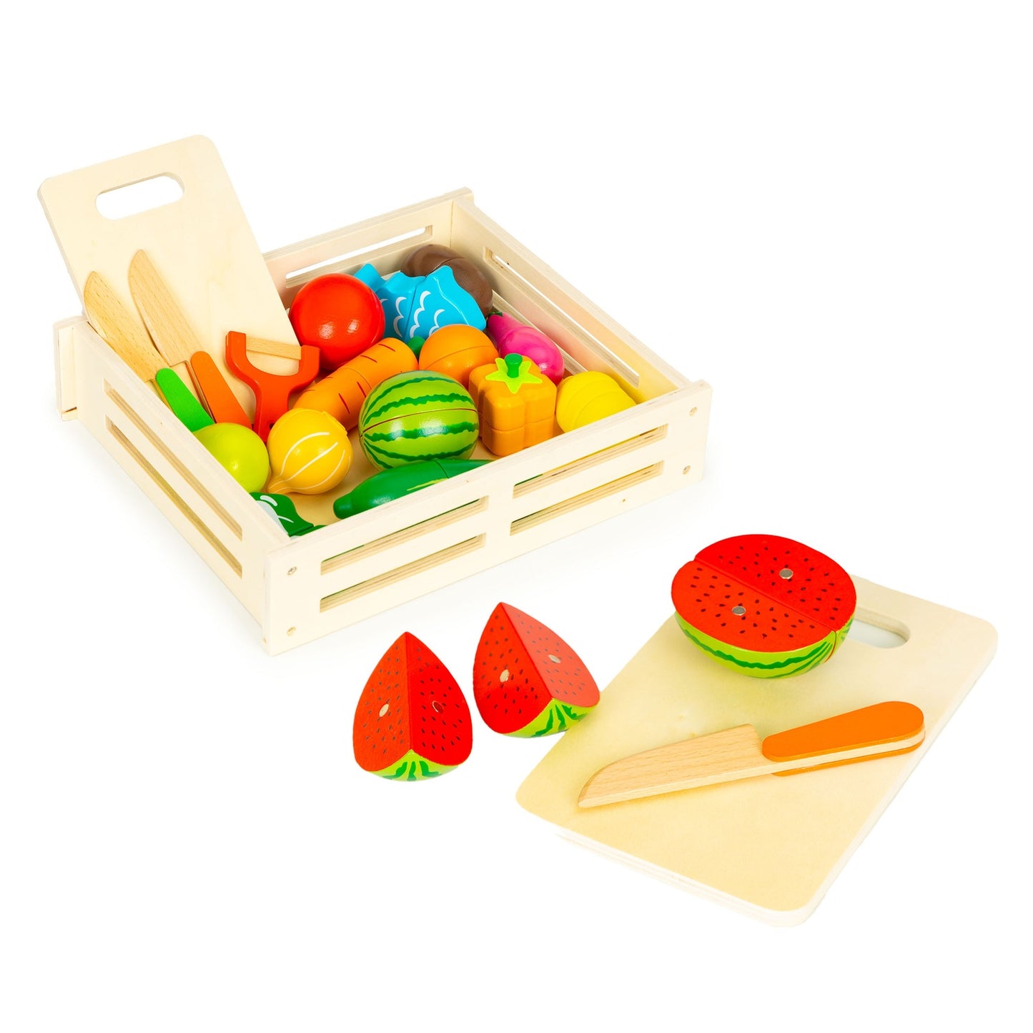 Wooden vegetables and fruits for cutting, wooden box + 17 elements