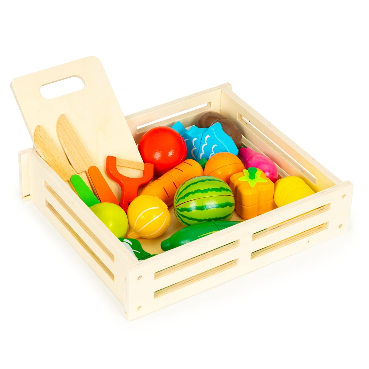 Wooden vegetables and fruits for cutting, wooden box + 17 elements