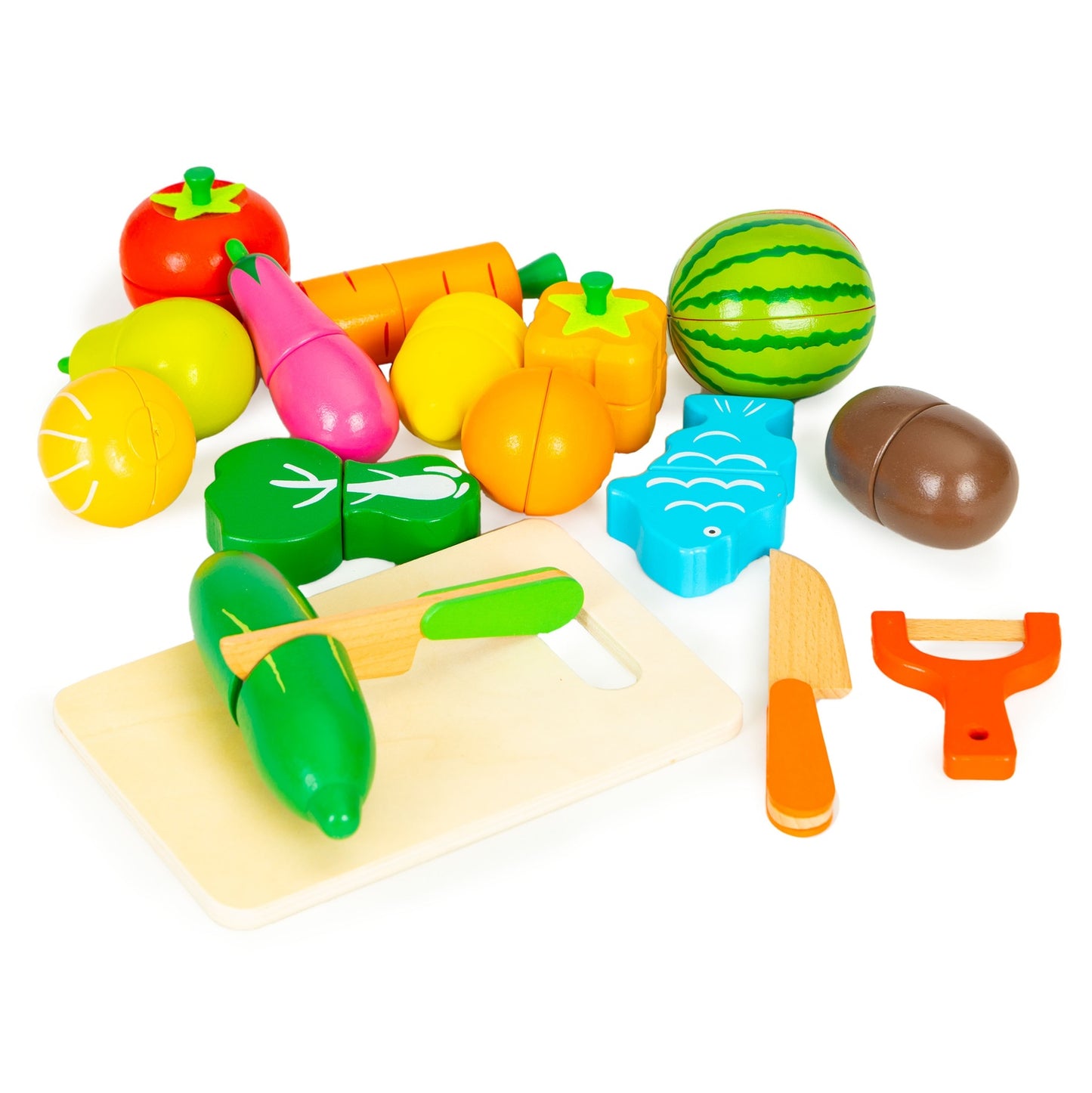 Wooden vegetables and fruits for cutting, wooden box + 17 elements