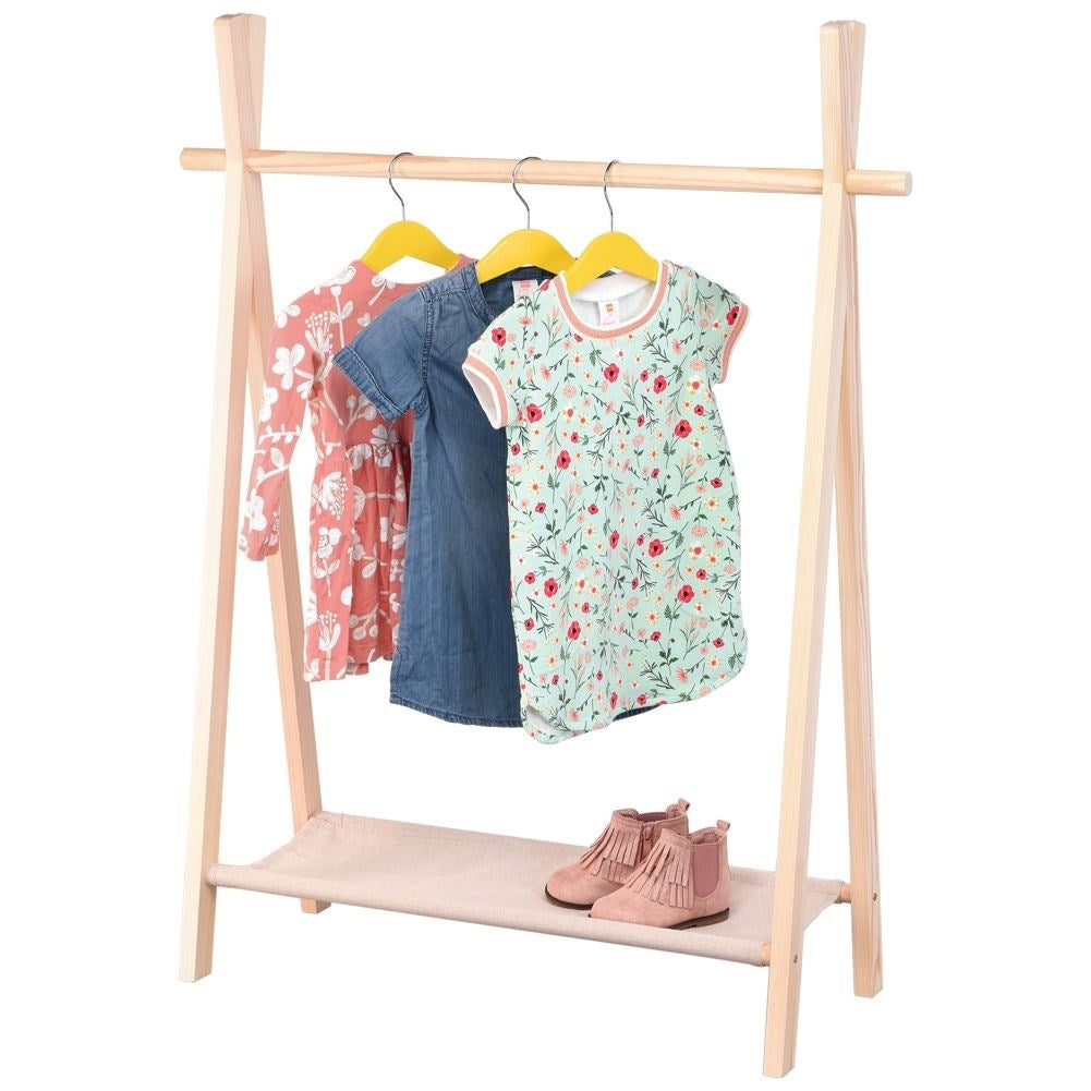 Wooden wardrobe with hangers for children's clothes and shoes