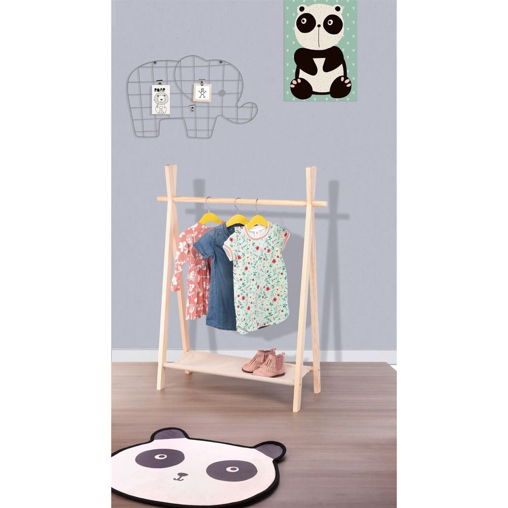 Wooden wardrobe with hangers for children's clothes and shoes