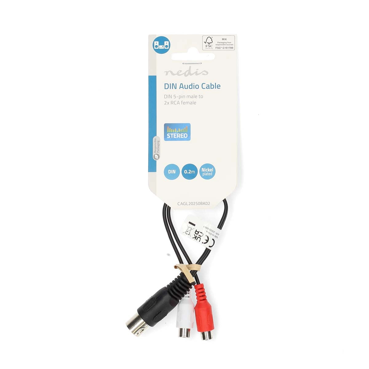YOUR audio cable | DIN 5-Pin Male | 2x RCA Female | Nickel Plated | 0.20 m | Round | PVC | Black | Label