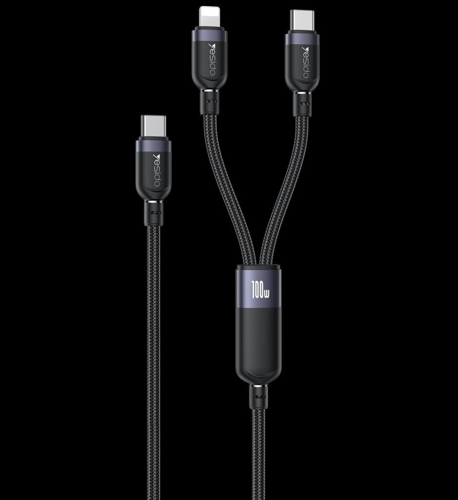 Yesido 2-i-1 USB-C till USB-C / Lightning laddningsbord 100W, 1,2M