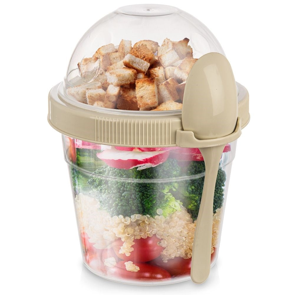 Yoghurt container with lid, bowl for cereal and spoon