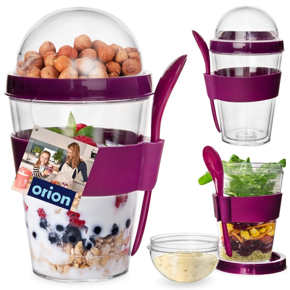 Yoghurt container with lid, bowl for cereal and spoon