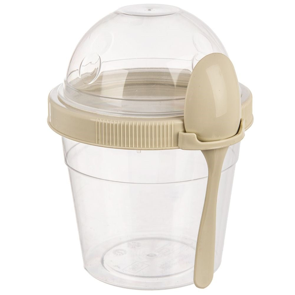 Yoghurt container with lid, bowl for cereal and spoon