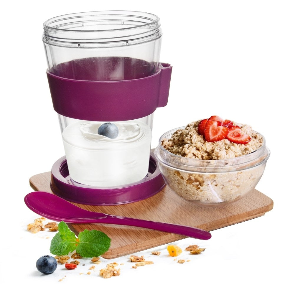 Yoghurt container with lid, bowl for cereal and spoon