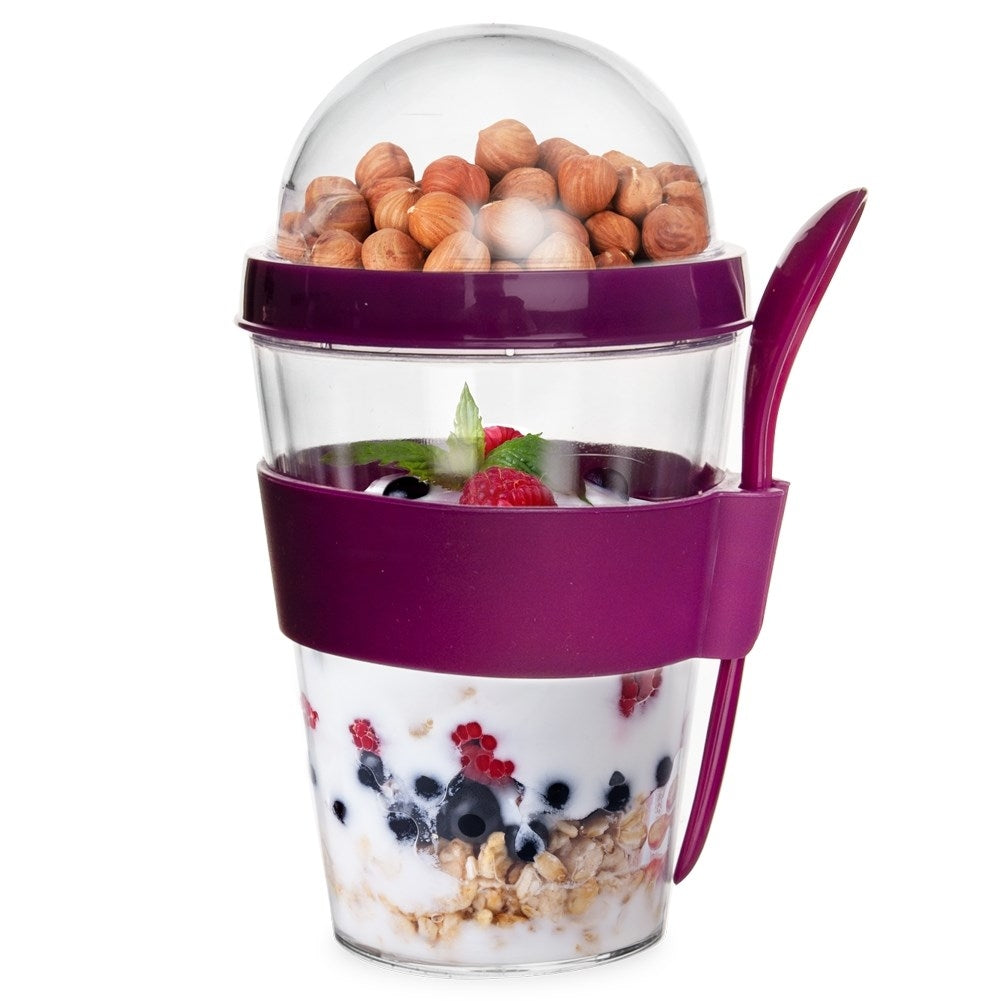 Yoghurt container with lid, bowl for cereal and spoon