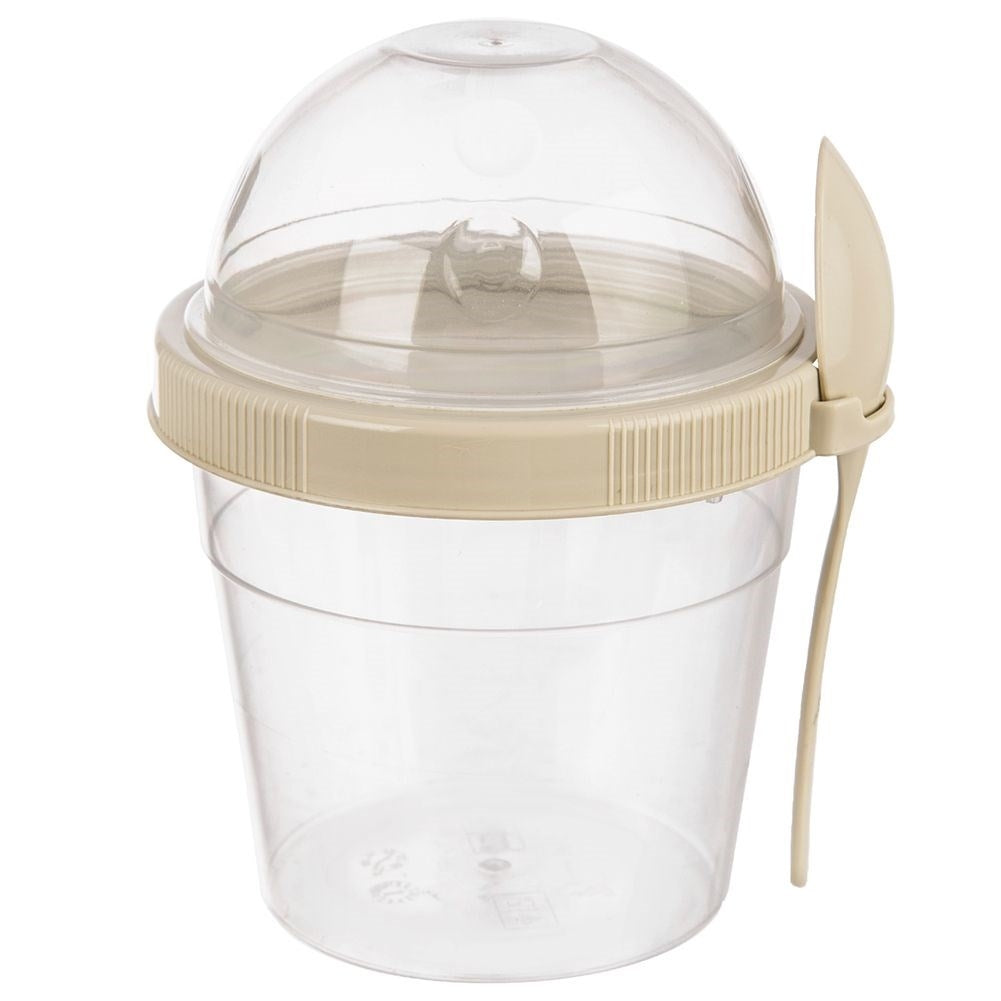 Yoghurt container with lid, bowl for cereal and spoon