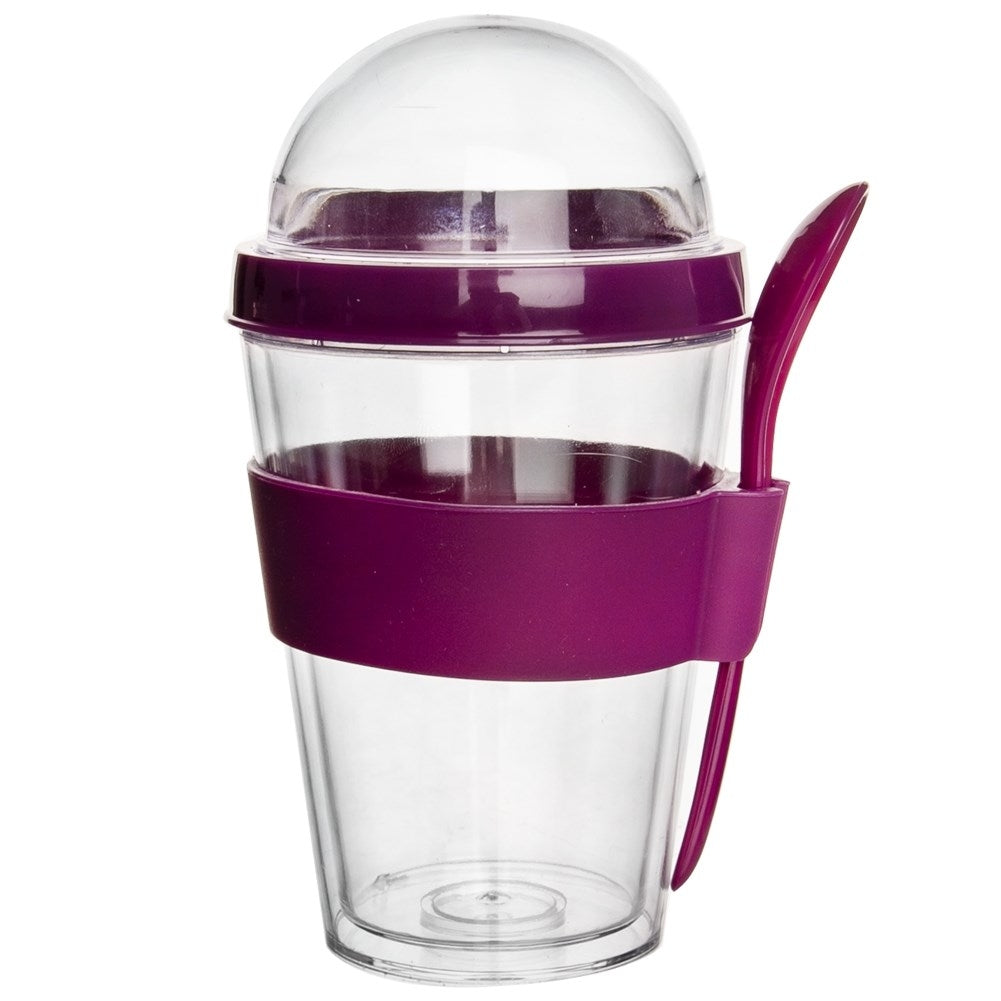 Yoghurt container with lid, bowl for cereal and spoon
