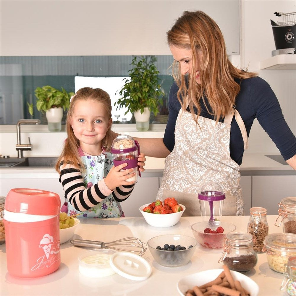 Yoghurt container with lid, bowl for cereal and spoon