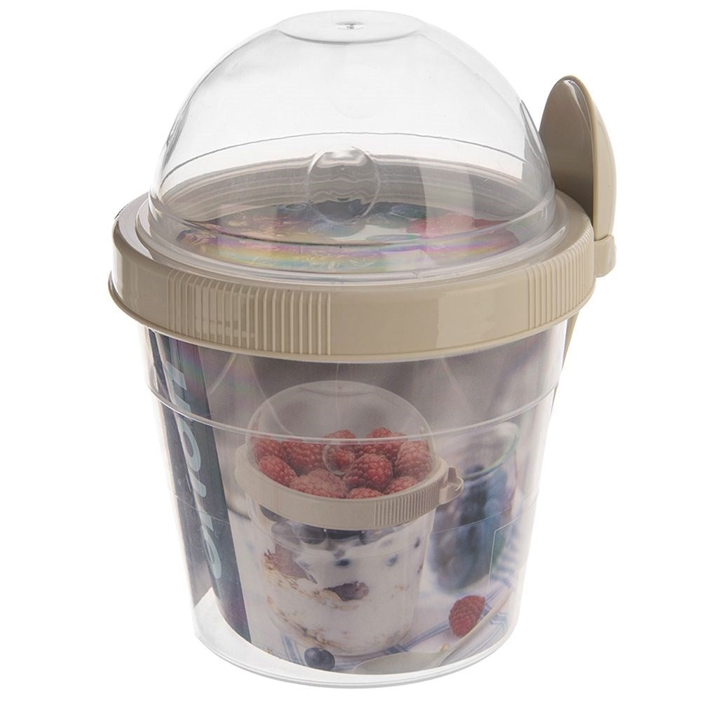 Yoghurt container with lid, bowl for cereal and spoon