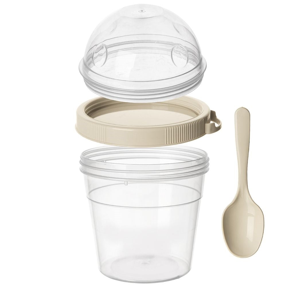 Yoghurt container with lid, bowl for cereal and spoon