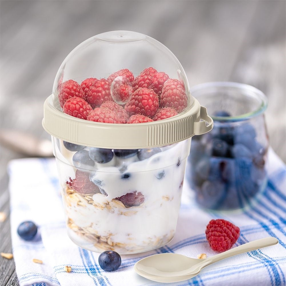 Yoghurt container with lid, bowl for cereal and spoon
