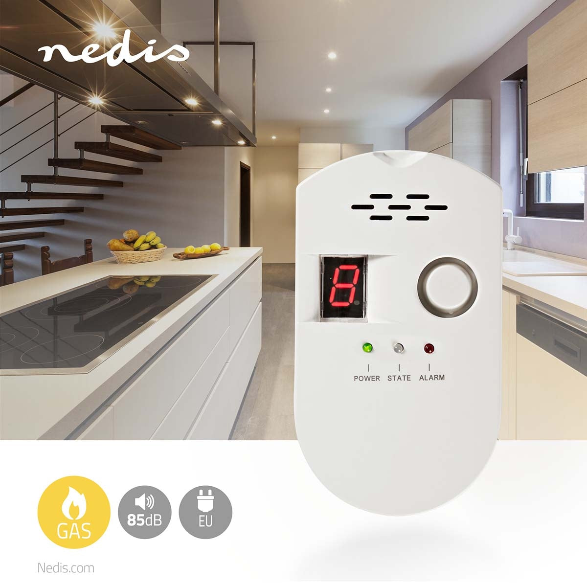 gas alarm | Power adapter | Donor life cycle: 10 years | EN compliant: EN 50194-1:2009 / EN 60950-1:2006+A11:2009+A1:2010+A12:2011+A2:2013 | 85 dB| White