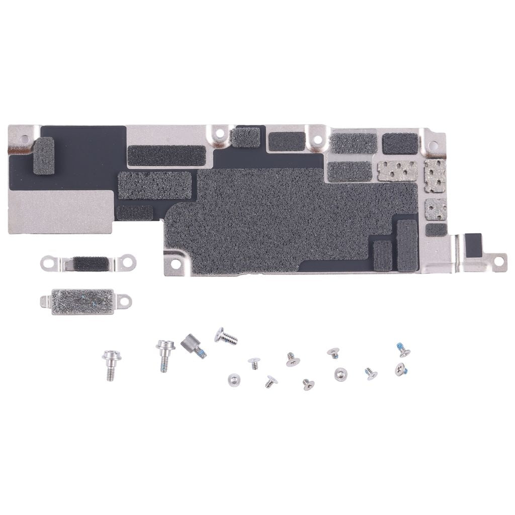 iPhone 15 Pro internal repair motherboard metal cover with screws