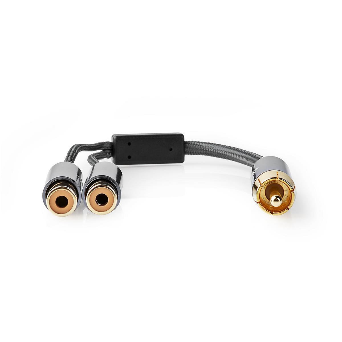 subwoofer Cable | RCA Male | 2x RCA Female | Gold Plated | 0.20 m | Round | 4.5 mm | Gray With Metal | Carton with covered window